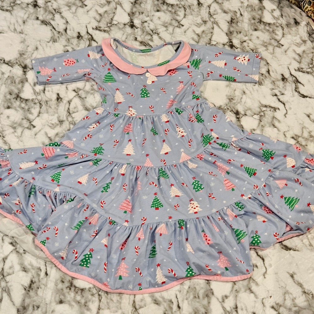 Eleanor Rose ER Christmas Tree Candy Cane Print Ruffle Twirl Dress size 10-12